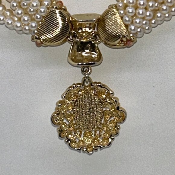 Vintage Faux Pearl Torsade Necklace With Ornate Gold-Tone Pendant & Rhinestones - Picture 8 of 14